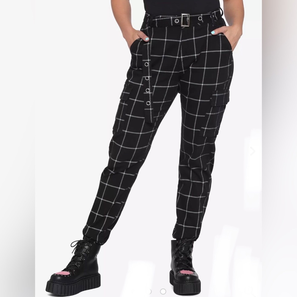 Hot Topic Black White Grid Print Cargo Jogger Pants Womens Size XS Emo Goth Alt